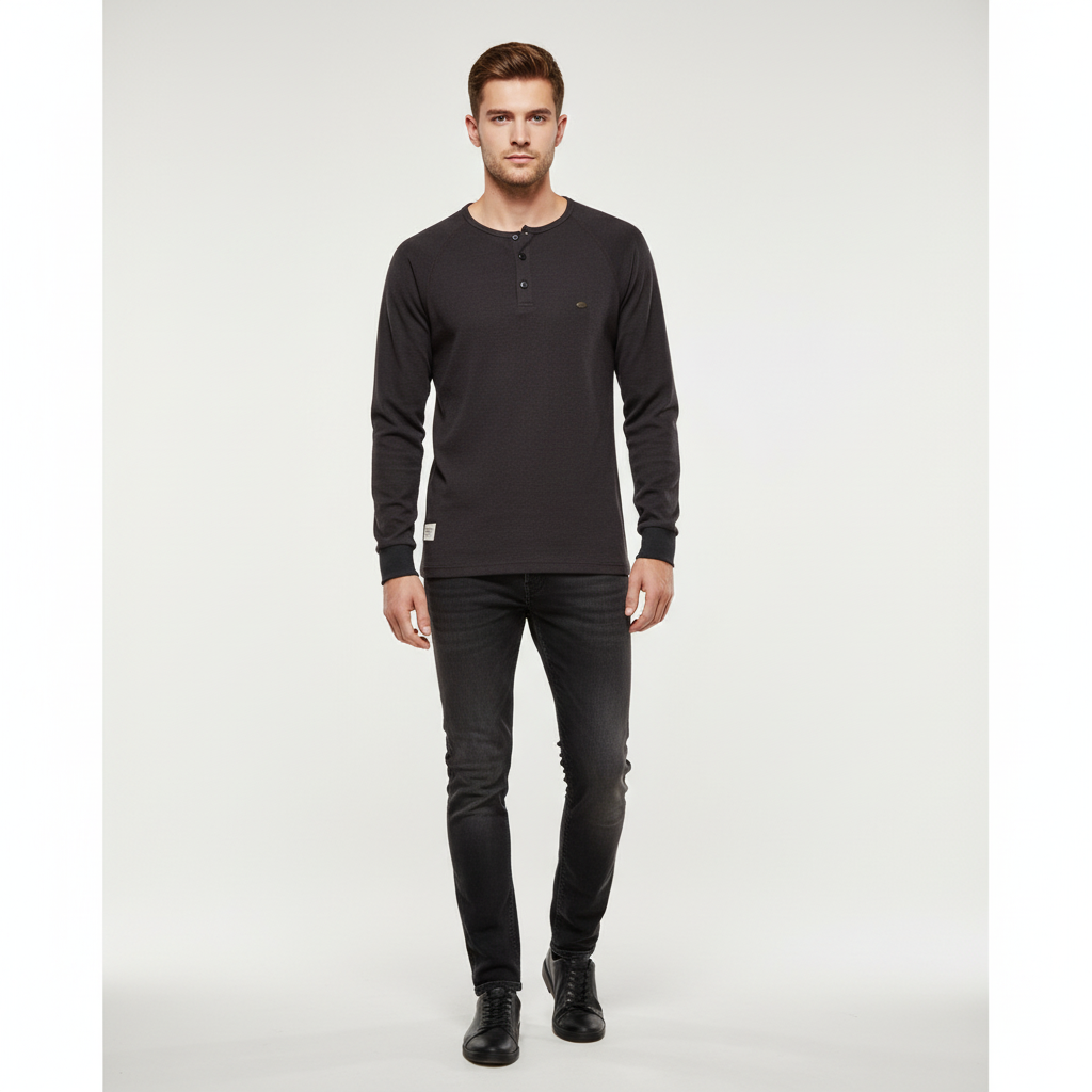 Men's long sleeve Theo shirt, white, detail of button-up placket and collar, breathable cotton blend.