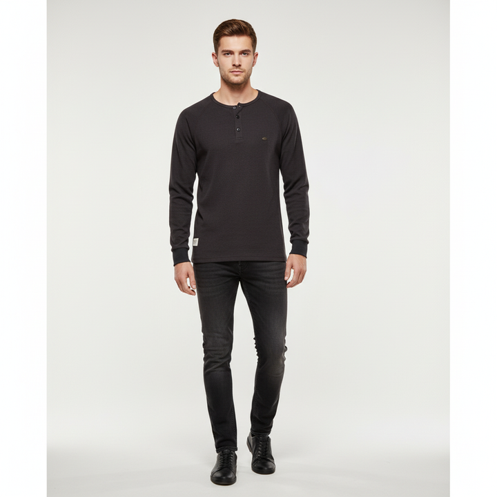 Men's long sleeve Theo shirt, white, detail of button-up placket and collar, breathable cotton blend.