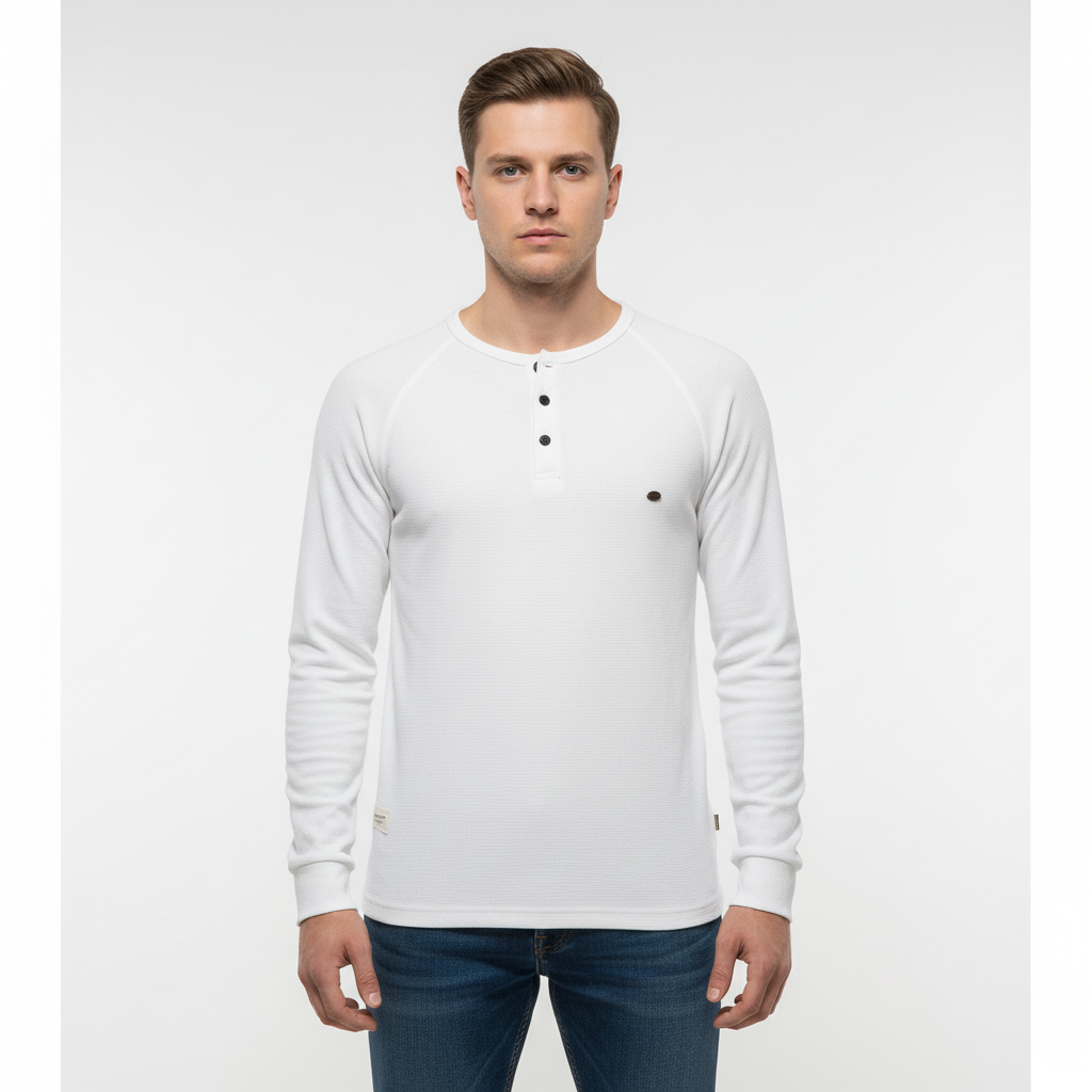 Close-up of the cuff and sleeve detail of a men's versatile cotton-poly long sleeve shirt, autumn wear.