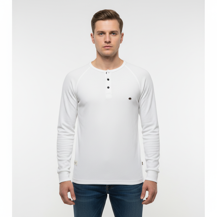 Close-up of the cuff and sleeve detail of a men's versatile cotton-poly long sleeve shirt, autumn wear.