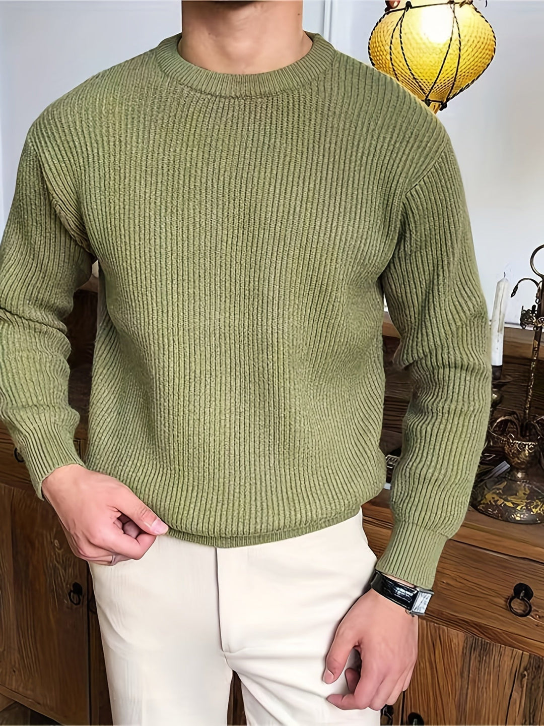 Simple yet elegant men's crew neck knit sweater, perfect long sleeve top for a refined fall look.
