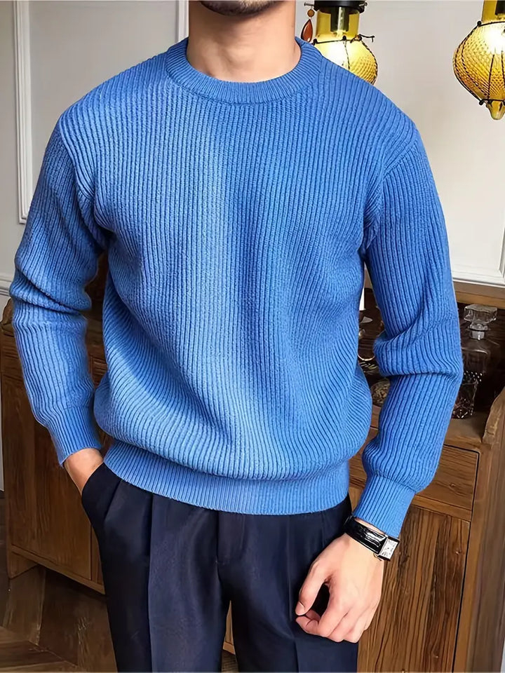 Men's comfortable crew neck knit sweater. Versatile long sleeve top for elegant fall and winter casual wear.