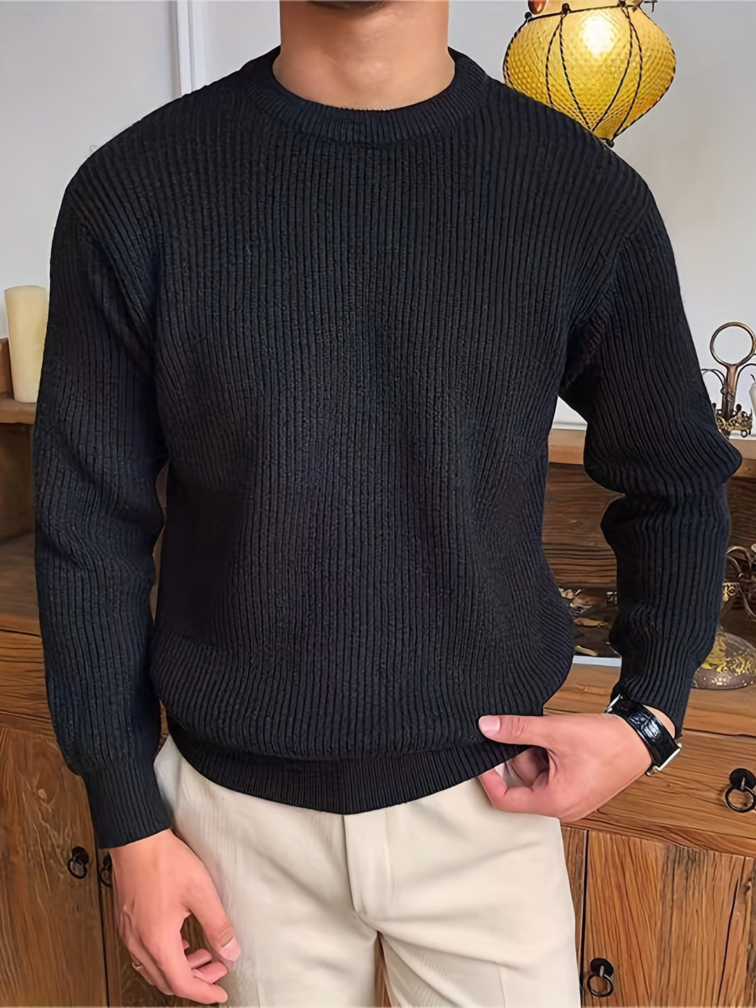 Comfortable men's crew neck knit sweater, ideal for casual wear and everyday fall outfits.