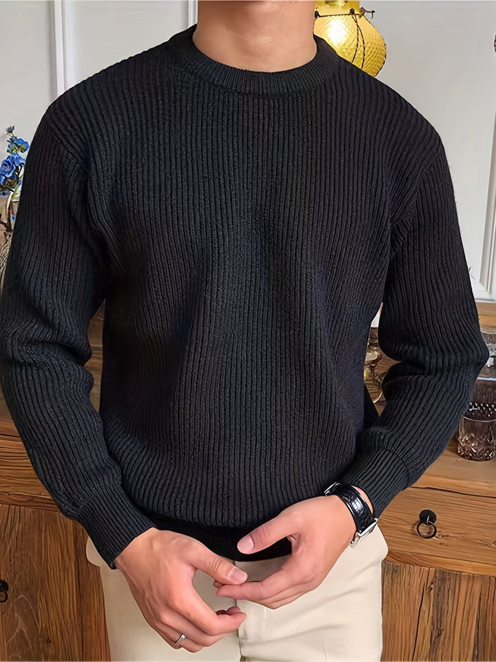 Elegant men's modern crew neck knit sweater, a versatile long sleeve top for sophisticated fall outfits.
