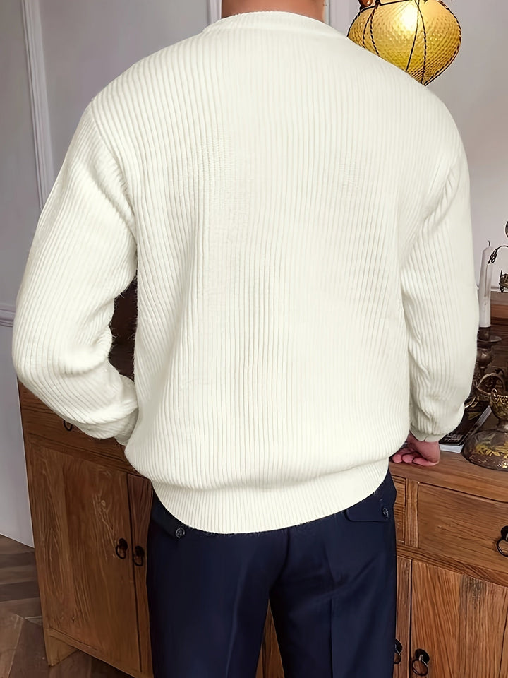 Stylish men's knitwear crew neck sweater, long sleeve design for comfortable winter and fall fashion.