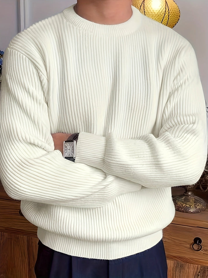 Warm men's crew neck knit sweater, essential long sleeve top for cozy winter and fall layering.