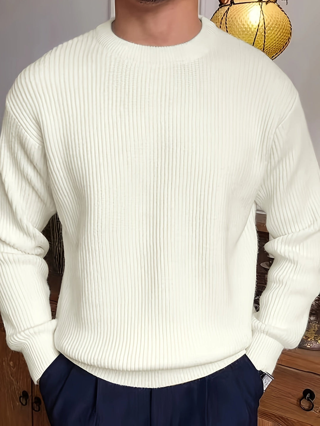 Versatile men's classic crew neck knit sweater, a comfortable long sleeve top for various occasions.