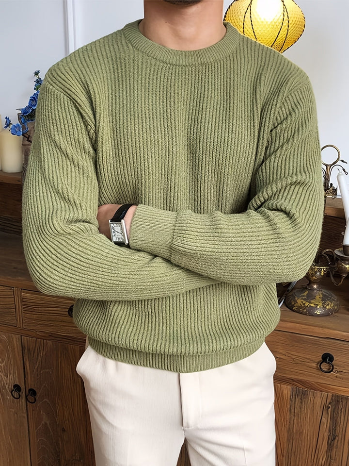 Classic men's crew neck knit sweater, a versatile and comfortable long sleeve top for winter fashion.