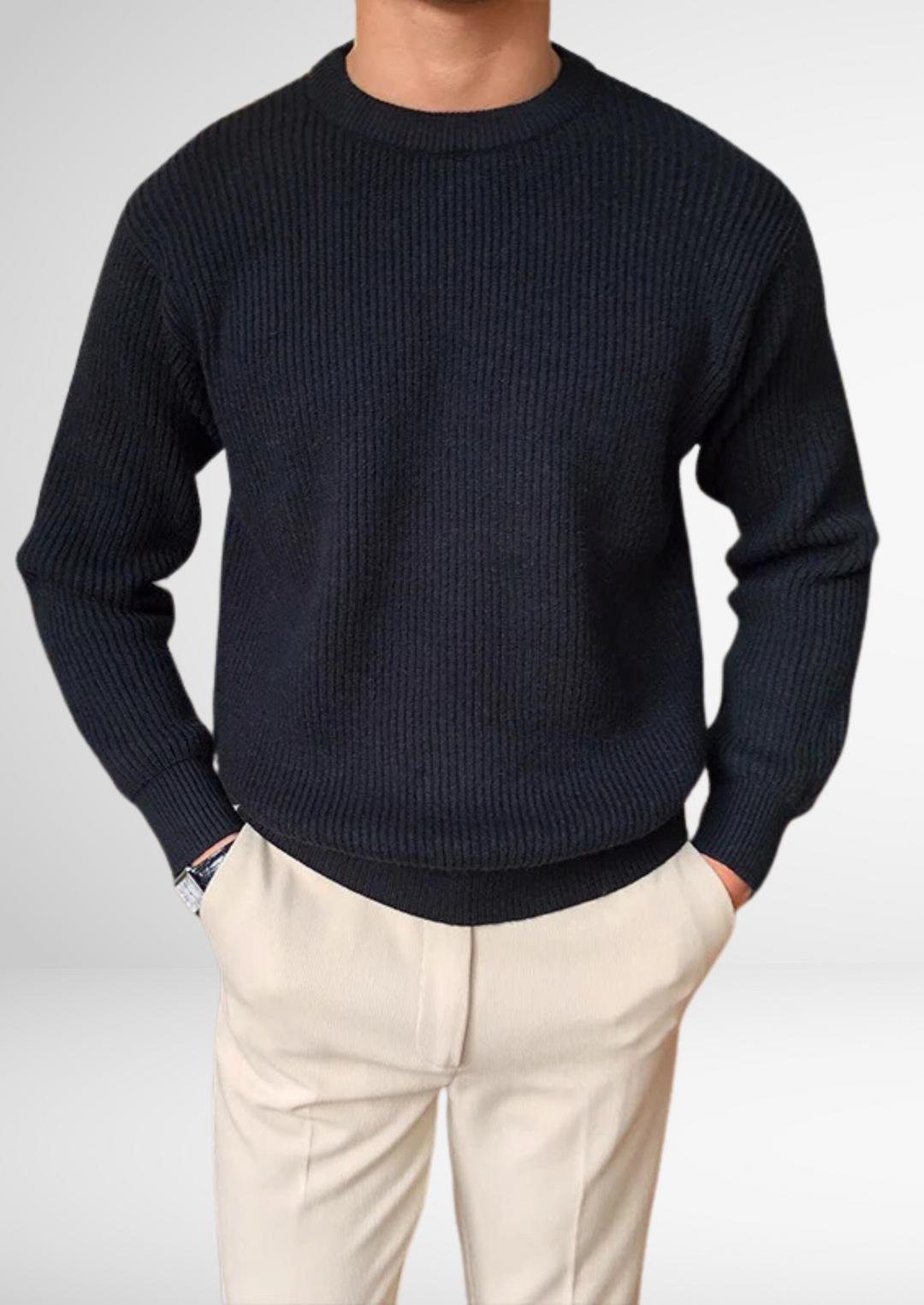 Men's classic crew neck knitted sweater in a versatile color, perfect for smart casual and everyday wear. Comfortable.