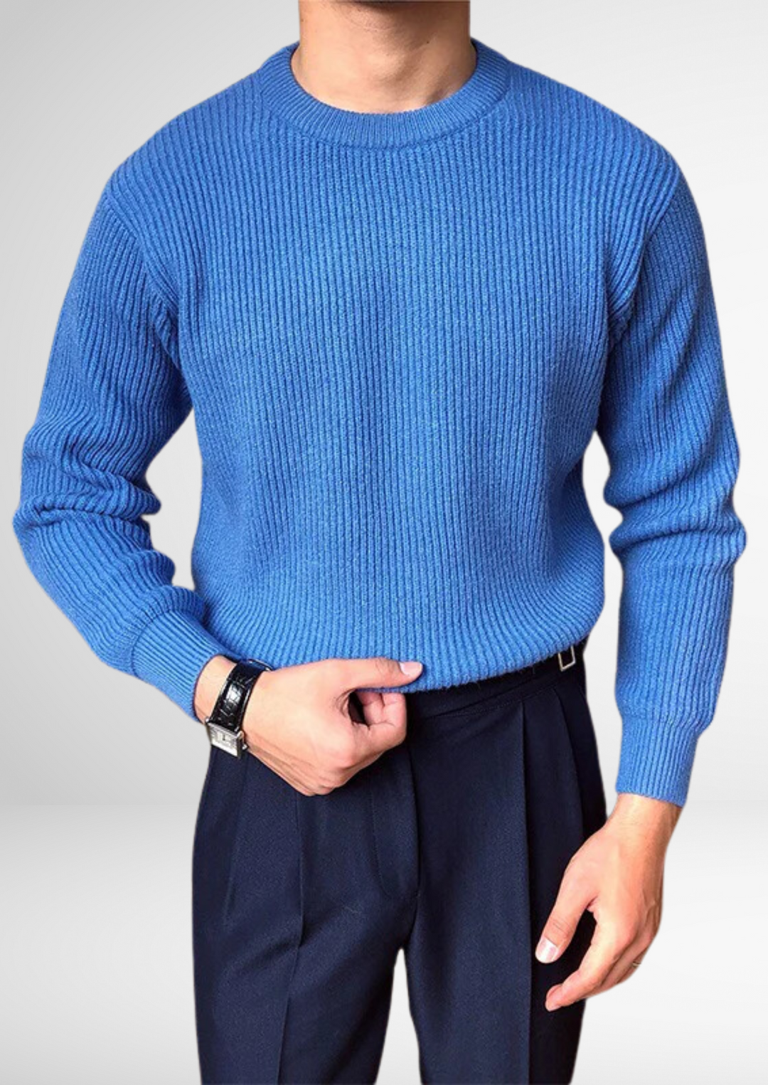 Soft knitted men's crew neck jumper, offering all-season comfort and elevated style. Ideal for smart or casual outfits.