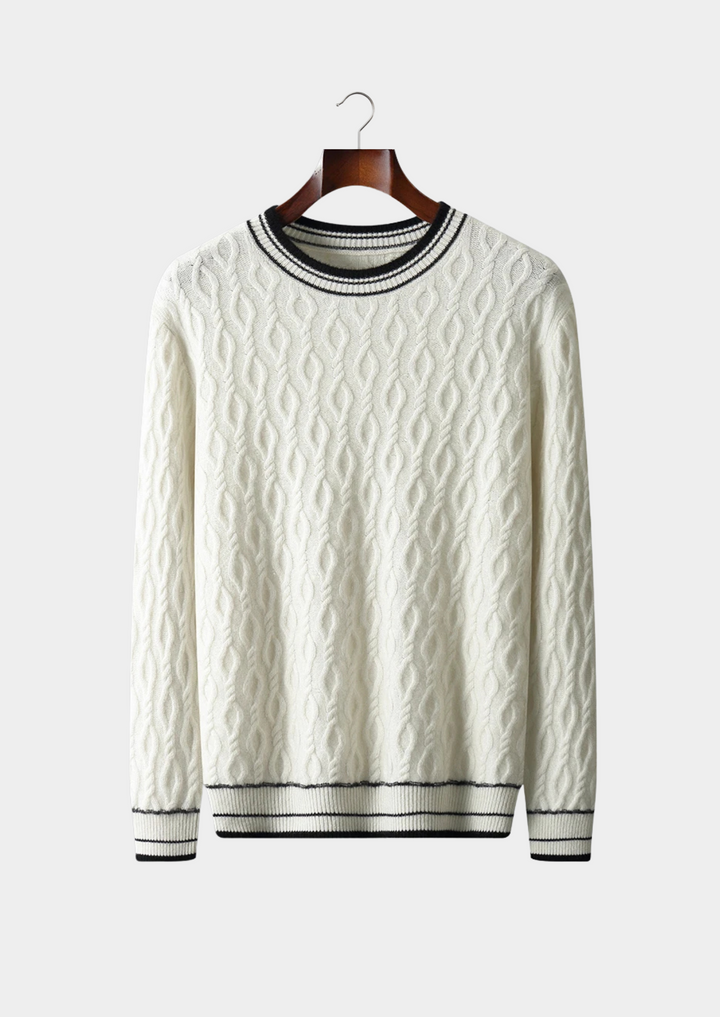 Men's classic crew neck sweater with stylish striped trim, ideal for casual or smart casual wear. Comfortable knitwear.