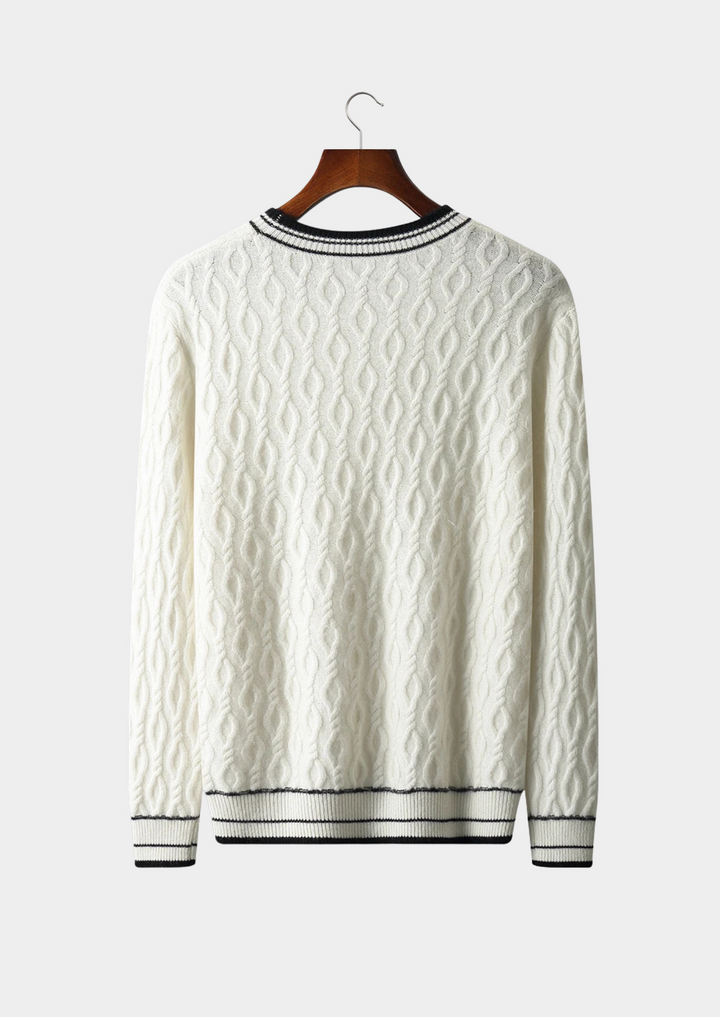 Versatile men's cable knit crew neck sweater with striped trim, perfect for all occasions. Stylish and comfortable.