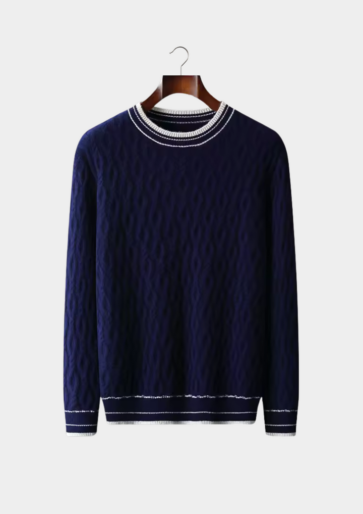 Stylish men's knitwear: crew neck sweater featuring a distinctive striped trim. A perfect choice for modern casual wear.