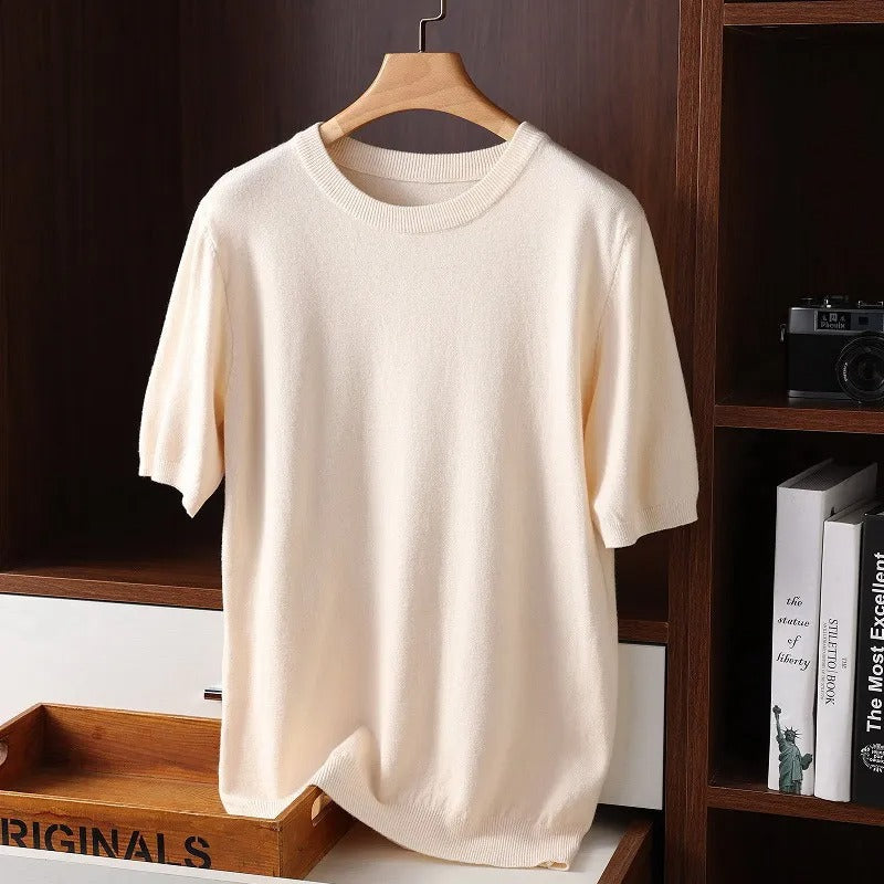 Man wearing a classic crewneck short sleeve shirt for everyday comfort and casual style. A versatile solid color staple.