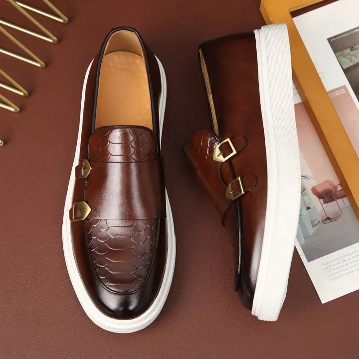 Modern men's slip-on loafers with elegant crocodile embossed texture, ideal dress or casual footwear.