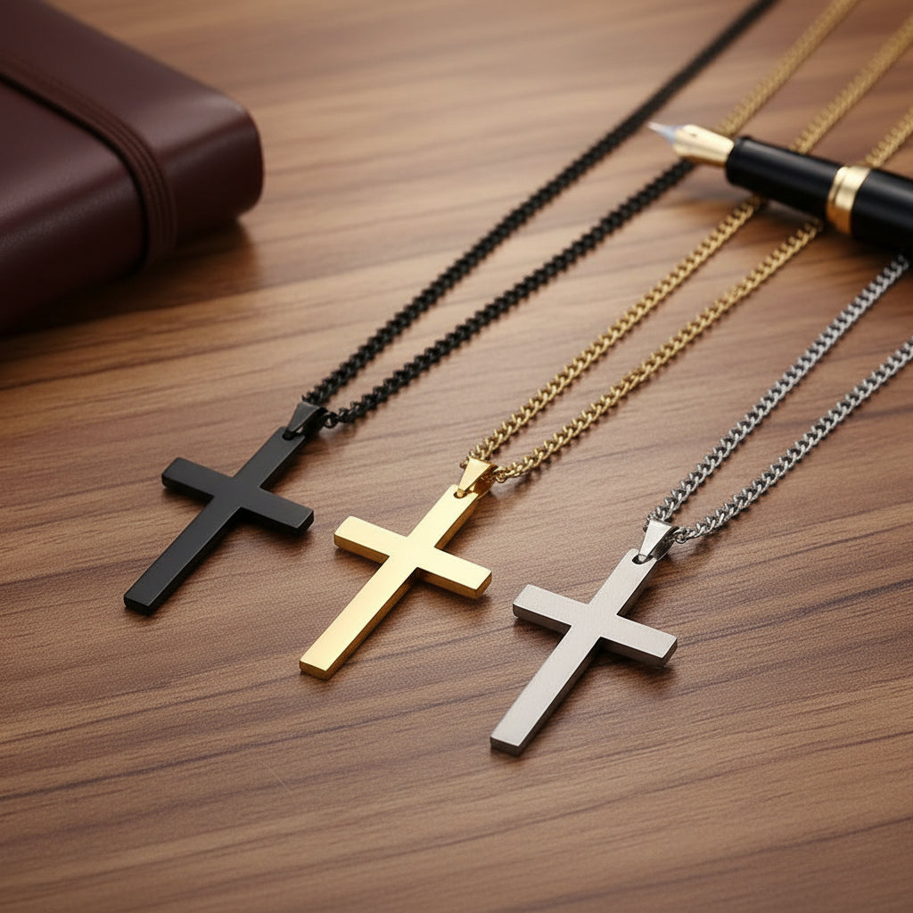 Men's classic cross pendant necklace. Sleek, timeless religious jewelry for formal or casual wear. Elegant men's accessory.