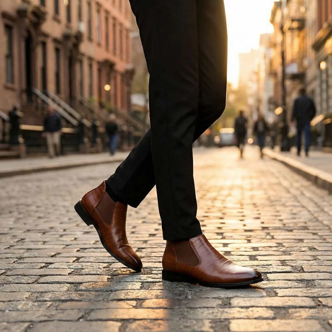 Comfort-focused men's black slip-on Chelsea boots, ideal for both casual and dressy occasions.