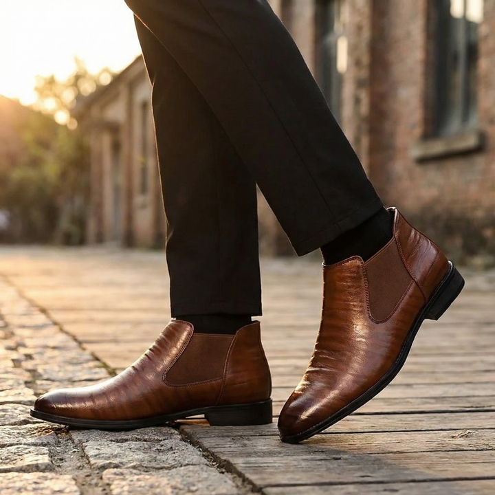 Elegant dark brown leather Chelsea boots, men's classic design with easy slip-on functionality.