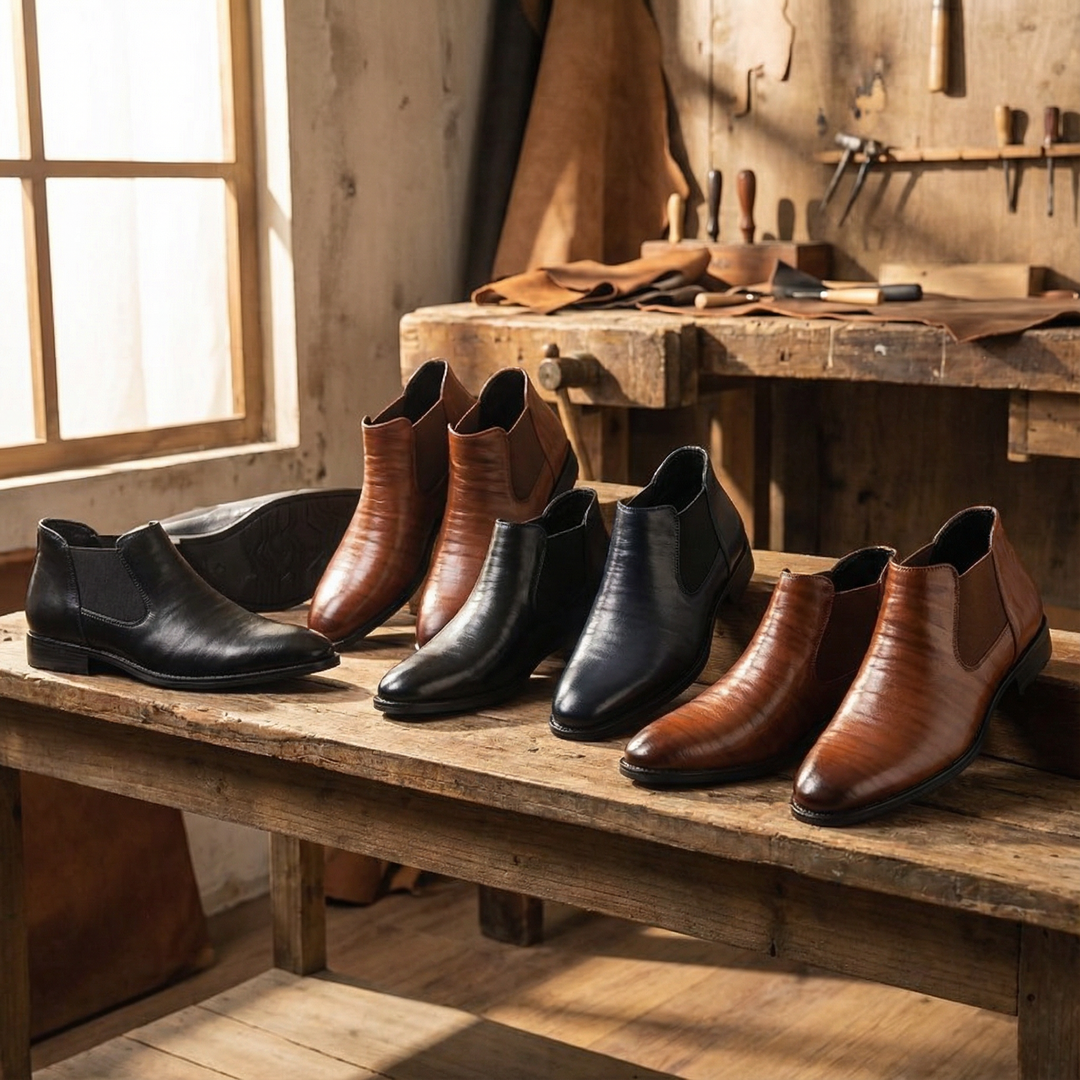 Sleek black leather Chelsea boots for men, perfect as dress boots or sophisticated casual footwear.