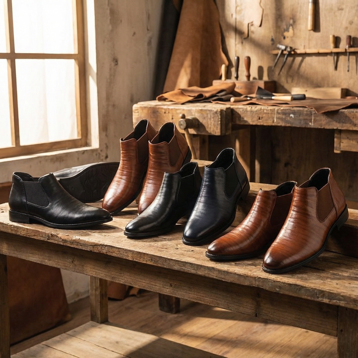 Sleek black leather Chelsea boots for men, perfect as dress boots or sophisticated casual footwear.