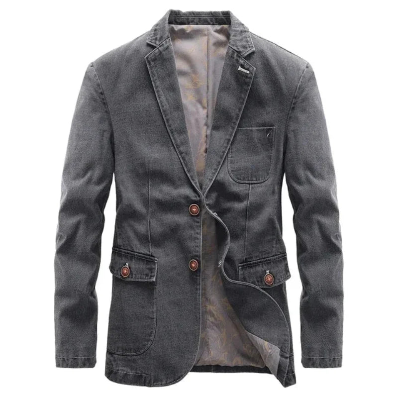 Men's classic dark wash denim jacket, button-up, for timeless style & versatile casual fashion.
