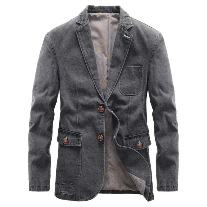 Men's classic dark wash denim jacket, button-up, for timeless style & versatile casual fashion.