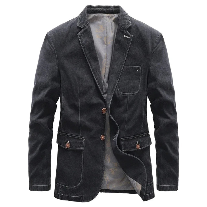 Classic men's dark wash button-up denim jacket with chest pockets, perfect for casual fall/spring style.