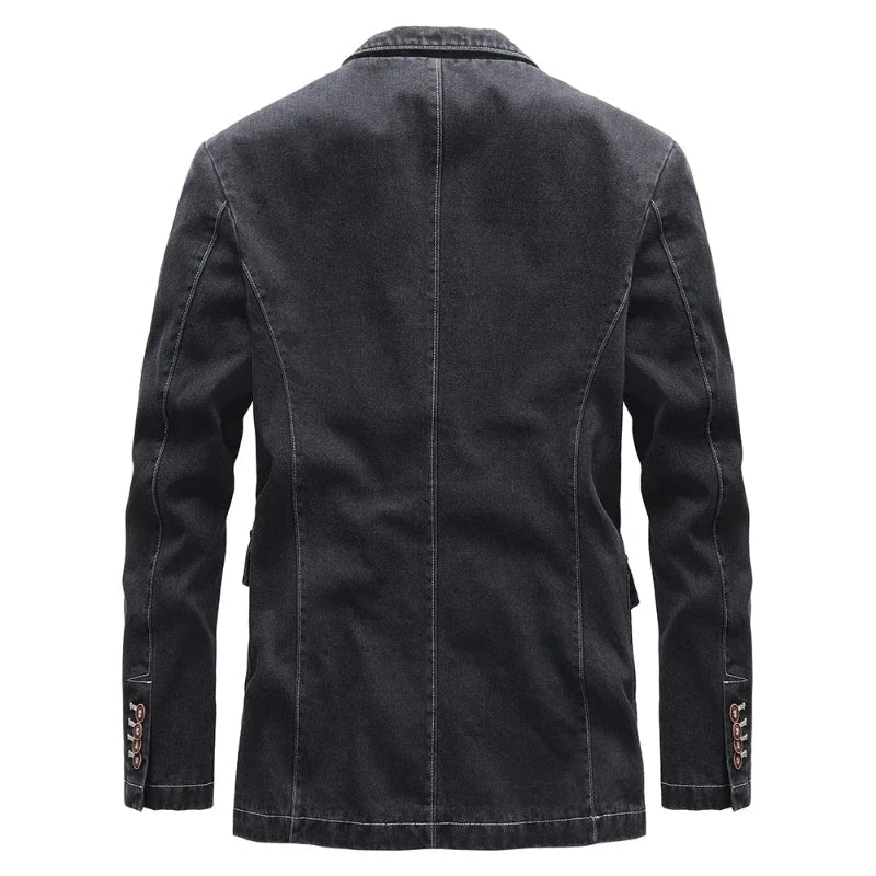 Stylish men's dark wash jacket, front view, perfect for versatile casual wear & timeless men's apparel.