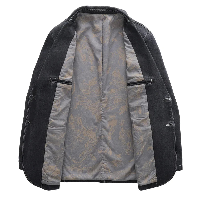 Men's classic dark wash jacket, back view, ideal outerwear for fall & spring, offering versatile style.