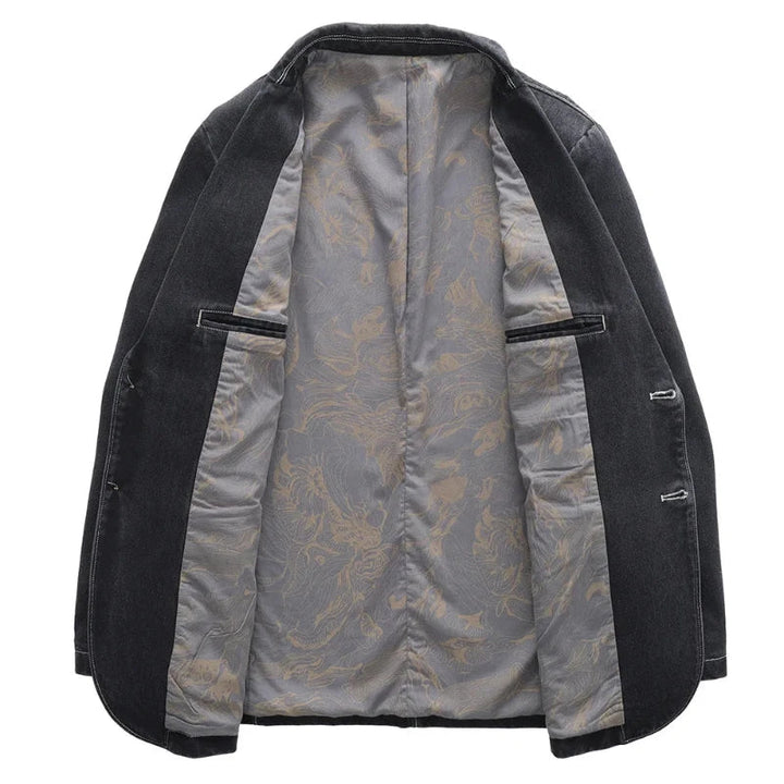 Men's classic dark wash jacket, back view, ideal outerwear for fall & spring, offering versatile style.