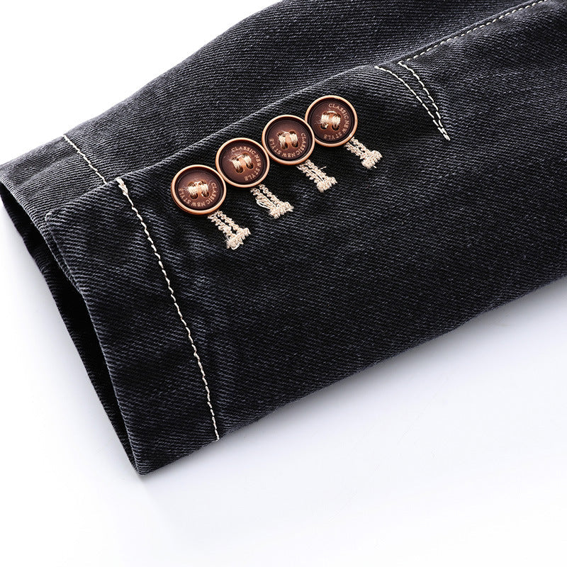 Versatile men's classic dark wash jacket for timeless style, perfect casual outerwear for fall & spring.