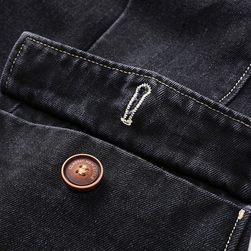 Men's dark wash jacket, essential classic outerwear, button-up, perfect for casual fall & spring apparel.