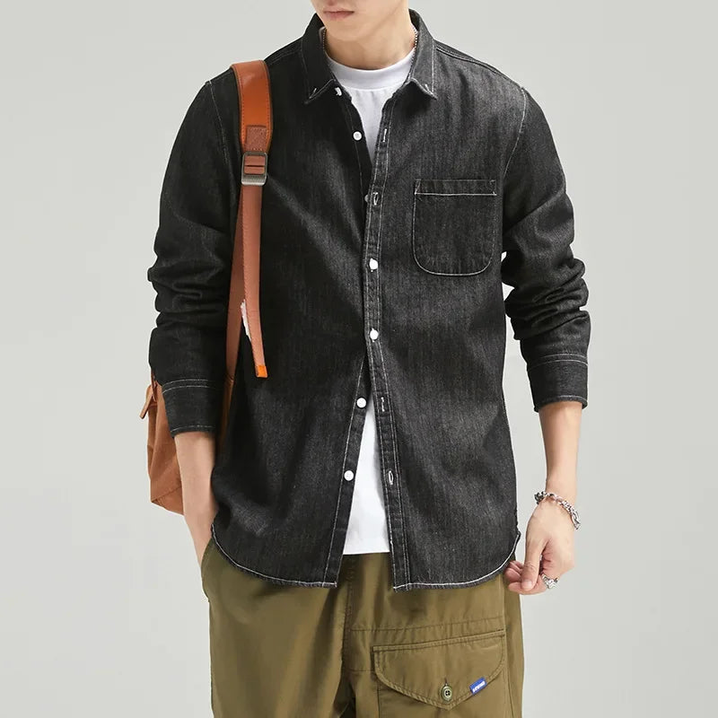 Classic men's denim shirt, long sleeve, button-down, a versatile staple for casual men's clothing.