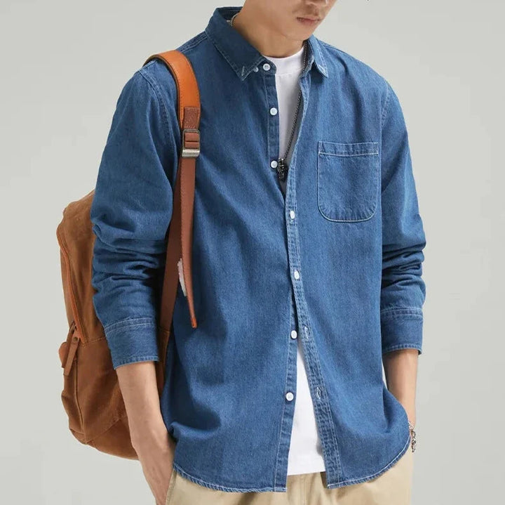 Versatile men's classic fit denim shirt, button-down, great for casual wear & effortless men's fashion.