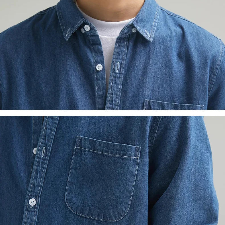 Stylish men's casual denim shirt, button-down, offering an effortlessly rugged look for any occasion.