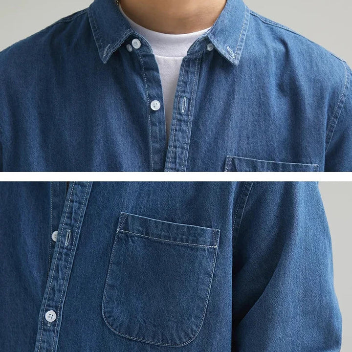 Stylish men's casual denim shirt, button-down, offering an effortlessly rugged look for any occasion.