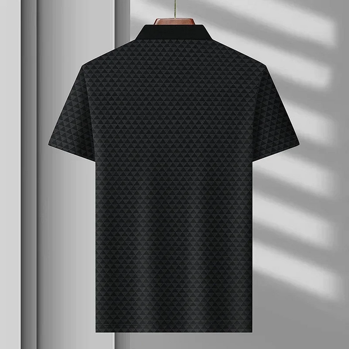 Man enjoying a casual day in a comfortable men's classic diamond pattern polo shirt, perfect for active wear.