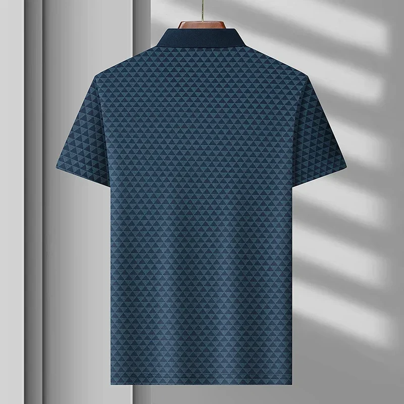 Back view of a classic men's diamond pattern polo shirt, short-sleeve design for ultimate casual comfort.