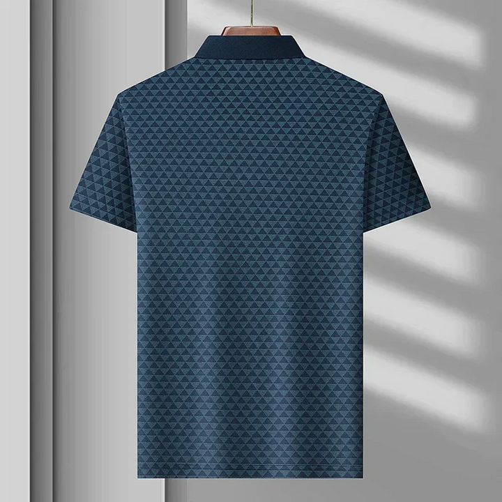 Back view of a classic men's diamond pattern polo shirt, short-sleeve design for ultimate casual comfort.