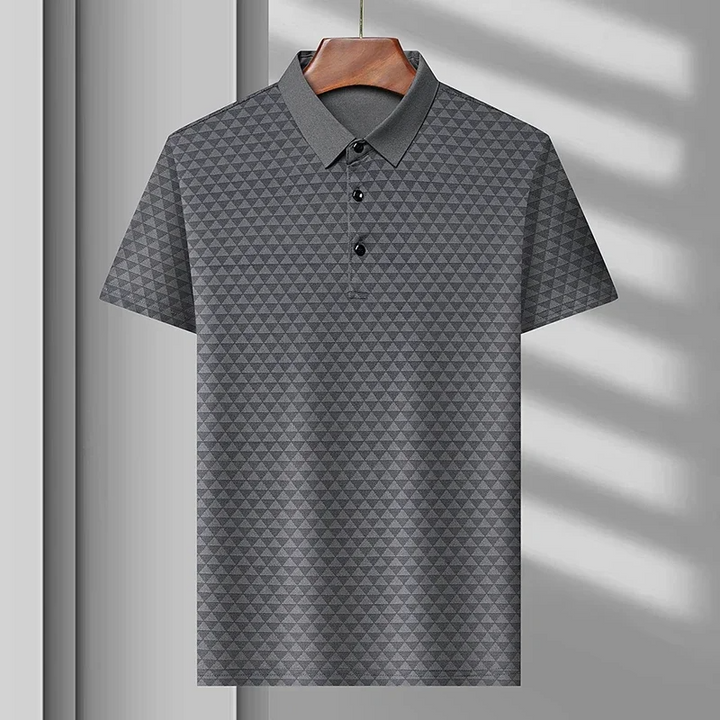 Side profile of a stylish men's short-sleeve diamond pattern polo shirt, offering a relaxed and modern fit.