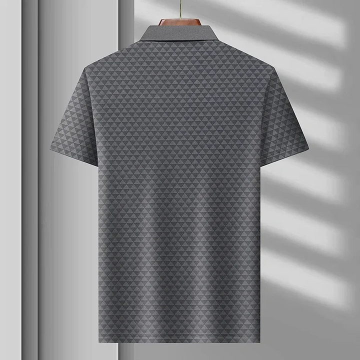 Neatly folded men's classic diamond pattern polo shirt, ready for comfortable and stylish everyday wear.