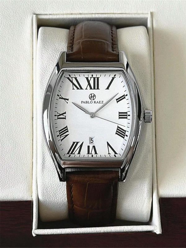 Men's classic dress watch with date display, elegant tonneau case & timeless style. Perfect for formal occasions.