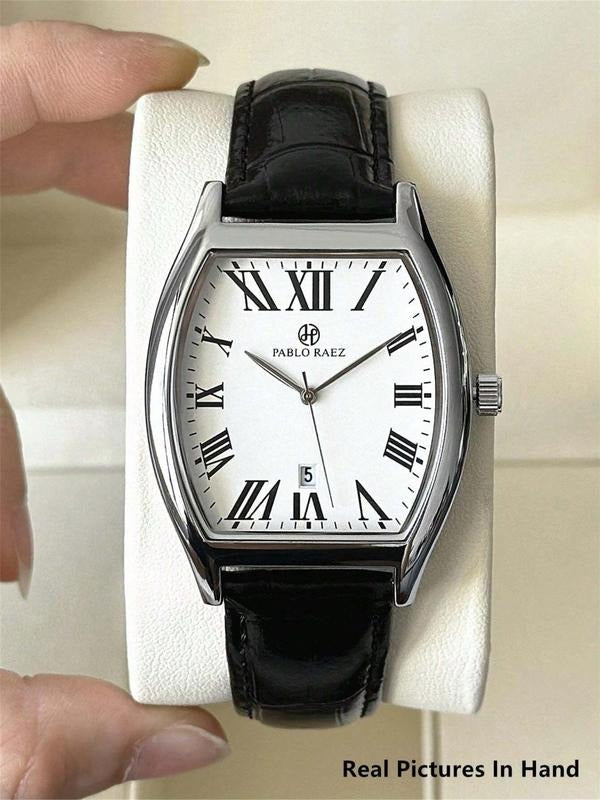 Luxury men's dress watch, classic tonneau design, featuring a clear date display for sophisticated timekeeping.
