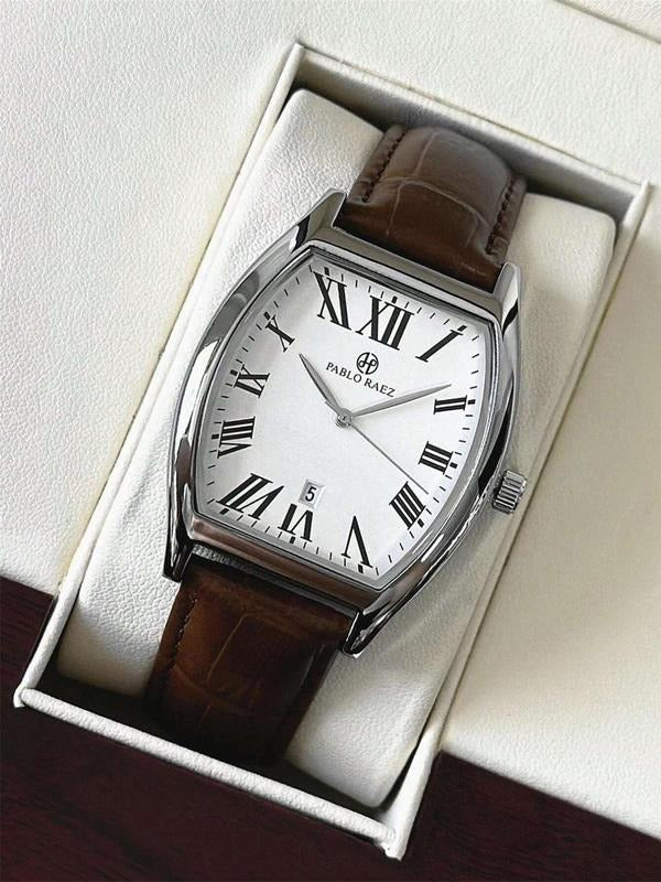 Close-up of men's classic tonneau dress watch dial, showcasing the precise date display & luxurious finish.