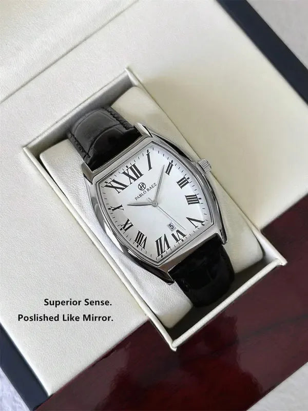 Stylish men's tonneau dress watch, classic design, featuring a clear date window for practical elegance.