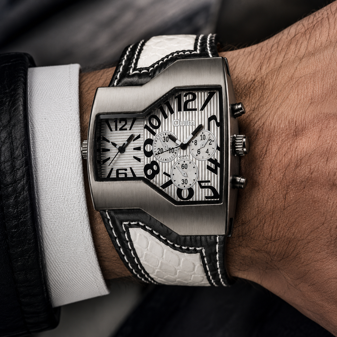 Men's classic dual time watch with a genuine leather strap, perfect for travel & everyday style.