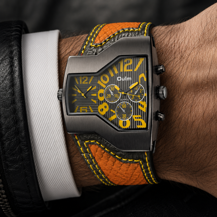 Classic men's dual time travel watch, ideal for globe-trotters; features a sophisticated leather strap.