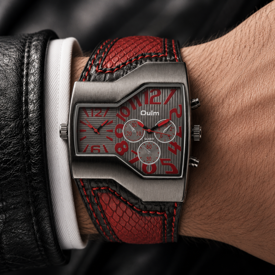 Stylish men's classic watch with a premium leather strap, showcasing dual time functionality & elegance.