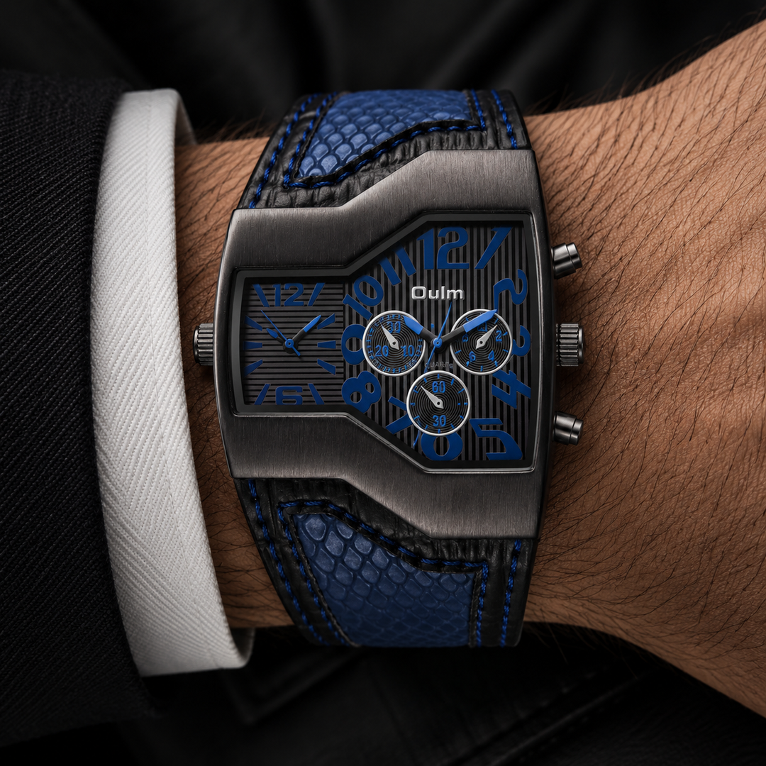 Elegant men's dual time timepiece, a must-have travel watch with a comfortable genuine leather strap.