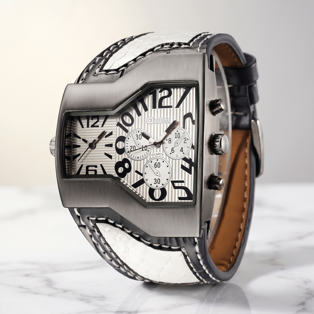 Men's classic dual time leather strap watch, a timeless fashion accessory for any gentleman's wrist.